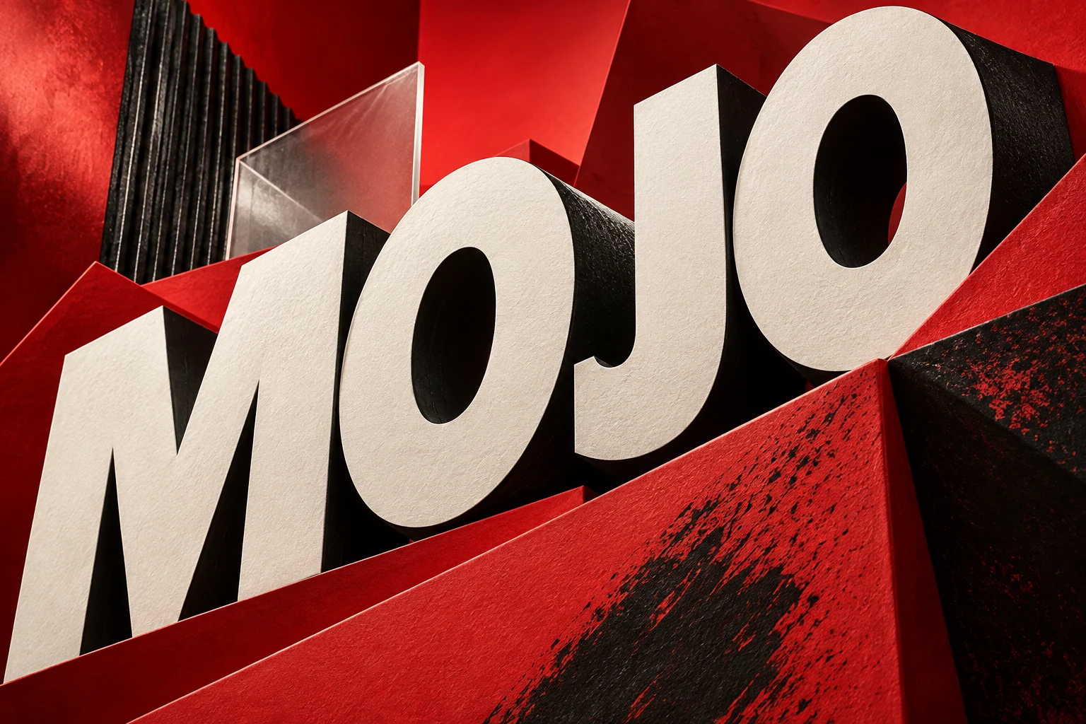 Kırmızı paneller arasında üç boyutlu MOJO harfleri